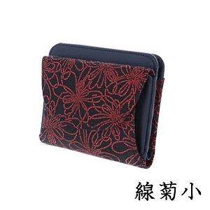 長寿と無病息災の赤い菊柄 印伝ボックス型小銭入れ付き二つ折り財布